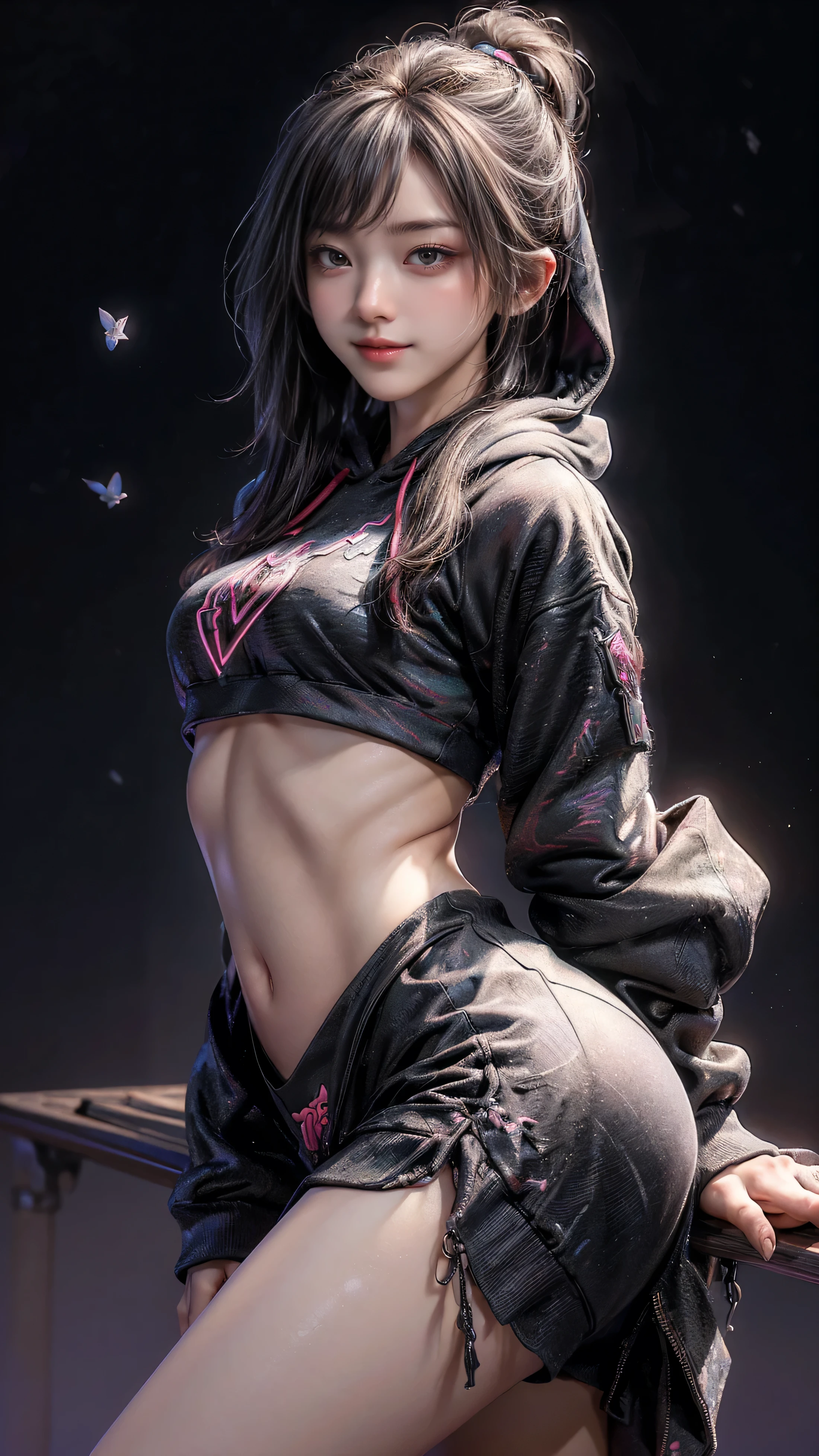 ((masterpiece, Best of quality, Highest image quality, high resolution, Reality, RAW photos, 8K)), Ultra wide angle, girl, (Lower Bust:1.4),Big sagging breasts、(Smile:1.5)，Colored undercoat,Long grey hair:1.5,Complex of hairstyle,(((neon_Pink_With eyes:1.3))),Complexity of eyes,Beautiful and delicate eyes,Symmetrical eyes)),(Lower abdomen,Willow Waist,Wide hips,Athlete physique detailed subject), Cute of big breasts,of,((((Cropped Hoodie,)))), (Dynamic poses:1.0),Just focus,Embarrassing,(Centrally located,Scale to Fit,Rule of Thirds), Neon lights are particularly eye-catching, very bright neon light,at night, starry night, universe, Art Photography,(Photo by sldr),high resolution, Focus, (Realistic of artwork:1.37),(extremely detaildof CG unified 8k wallpapers),((Synthwave Background Theme)),(((Colorful empty background,(tmasterpiece),(Best of quality),Itof a perfect face,Perfection of facial details,Realistic face,Live photos,Analog style,((Complexity of details)),(((Actual))),