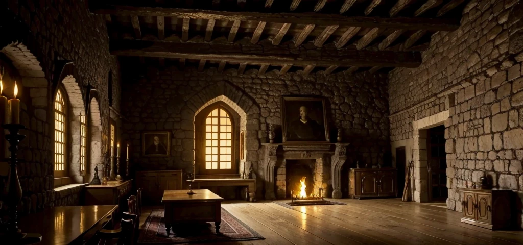 inside a medieval castle, a dark room, torches on the walls, piles of gold coins
