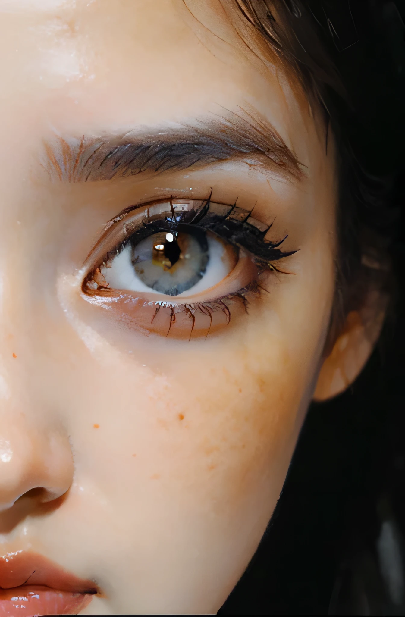 classical painting, ((close-up: 1.4)), details of the face of a girl in a white dress, Asian, young girl, tan skin, detailed drawing of the face, black hair, gold eyes, monochrome image with accent color, freckles, quirky , blue eyes
