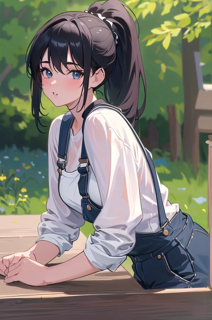 20 years old,1 girl, extremely thick thighs, hyperrealistic, 8k, (extremely detailed 8k), (very delicate and beautiful), (masterpiece), (better quality:1.0), (ultra high resolution:1.0), (masterpiece, best quality), cute,black hair,overalls,leaning forward,ponytail,upper body,POV