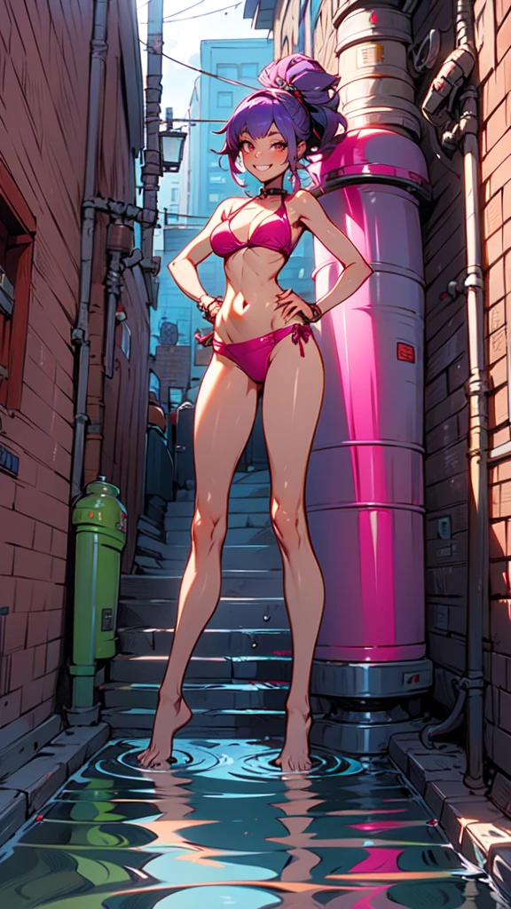 Masterpiece, best quality, Masterpiece, best quality, 1 woman , red eyes , purple hair ponytail , sly face , smile , pink bikini , abdomen, big breasts , Long legs , Barefoot , hands on hips , stand perfectly erect , full body , water dispenser , alley