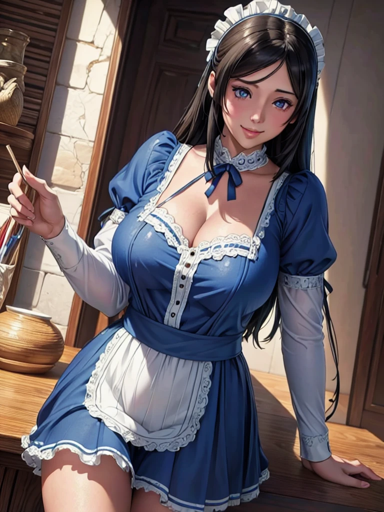 NFSW, Beautiful detailed portrait of a girl with big eyes, Fuller lips, Smiling Kindly, Long eyelashes, see through Maid clothesを着て, tihn fabric clothing, In sensual poses, (highest quality,4K,8k,High resolution,masterpiece:1.2),Super detailed,(Realistic,photoRealistic,photo-Realistic:1.37),Highly detailed face, Maid clothes, Intricate details, Vibrant colors, Dramatic lighting, Structure of the film, Anime-inspired art style