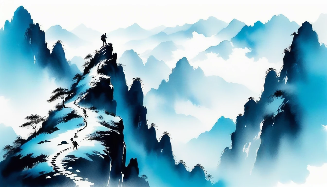 Chinese Ink Painting, Mountaineering,Cyan and White, Minimum, Wire, White background