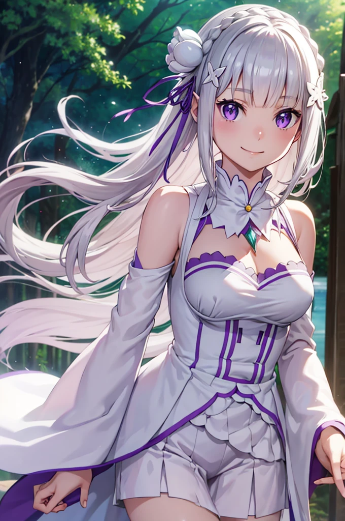 (masterpiece:1.3), (best quality:1.1), (8k, ultra detailed, ultra high res:1.2), ((anime style)), (perfect 5 fingers), (perfect anatomy),
1girl,
emilia\(re:zero\),
long hair, low-tied long hair, braid, crown braid,
white hair,
purple eyes,
(pointy ears:0.8),
flower, hair flower, hair ornament, hair ribbon, white flower, x hair ornament,
BREAK medium ,
dress, pink dress, bare shoulders, detached collar, long sleeves, shoulder cutout, wide sleeves, white sleeves,
(light smile:1.3),
looking at viewer,
upper body,
BREAK standing, (Waving hand:1.1), outdoor, forest, sky, summer, particle,