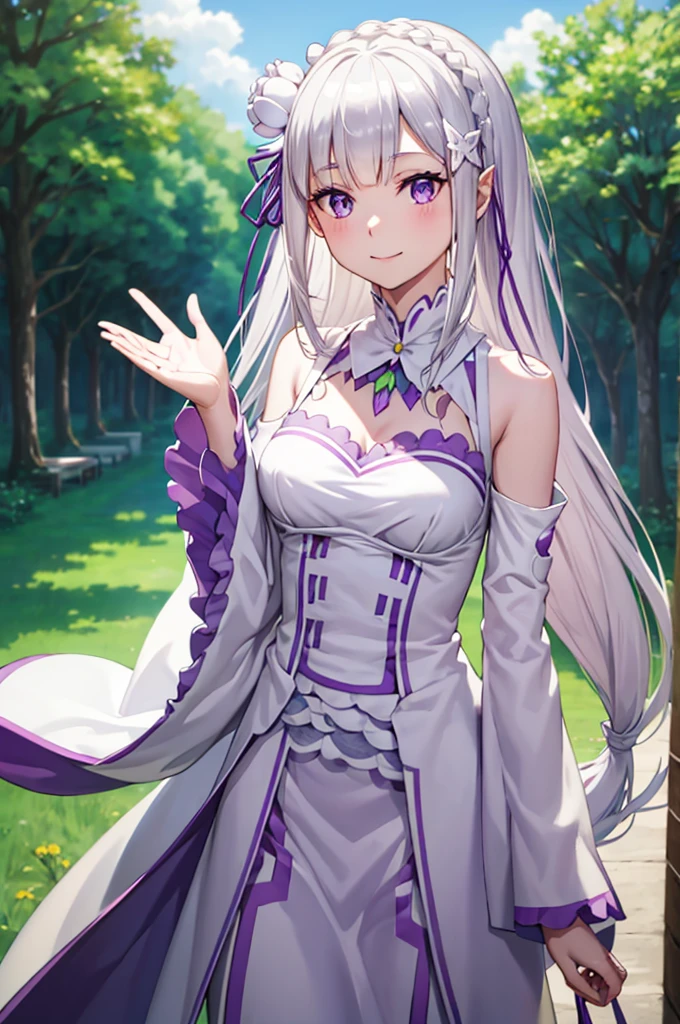 (masterpiece:1.3), (best quality:1.1), (8k, ultra detailed, ultra high res:1.2), ((anime style)), (perfect 5 fingers), (perfect anatomy), 
1girl,
emilia\(re:zero\),
long hair, low-tied long hair, braid, crown braid, 
white hair, 
purple eyes, 
(pointy ears:0.8), 
flower, hair flower, hair ornament, hair ribbon, white flower, x hair ornament, 
BREAK medium breasts, 
dress, pink dress, bare shoulders, detached collar, long sleeves, shoulder cutout, wide sleeves, white sleeves, 
(light smile:1.3), 
looking at viewer, 
upper body,  
BREAK standing, (Waving hand:1.1), outdoor, forest, sky, summer, particle, 