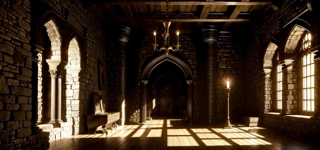 inside a medieval castle, a dark room, torches on the walls, piles of gold coins