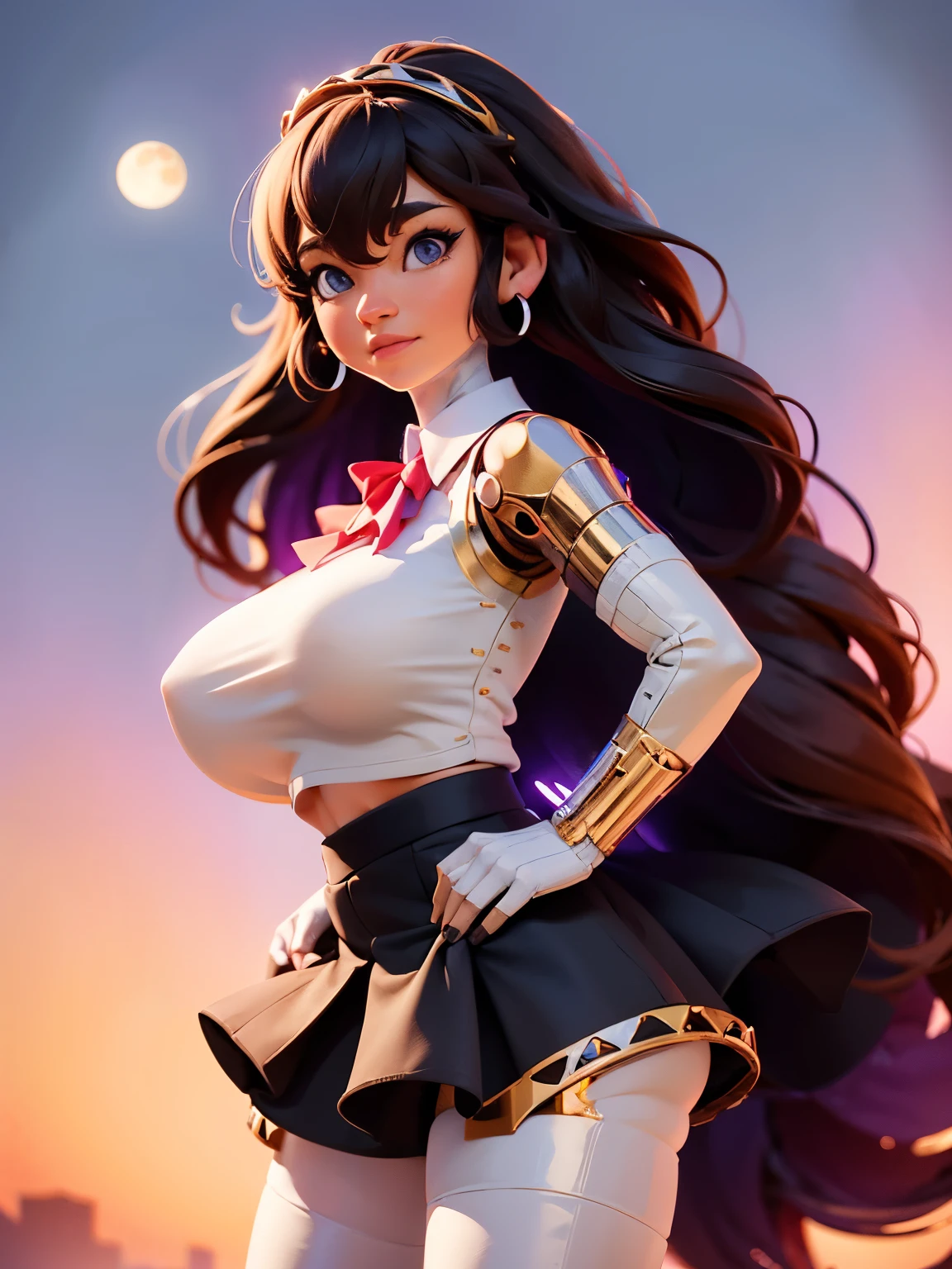 Nsfw, (master part, best quality;1.3), extremely detaild ,ultra detaild, 1girl,standing alone, Breasts huge, hair ornament, aretes, Looking at Viewer, mini skirt, microwave good, purples eyes, 4k resolution, Ultra-realistic, highy detailed, fully body, natta, dynamic lights, fullmoon