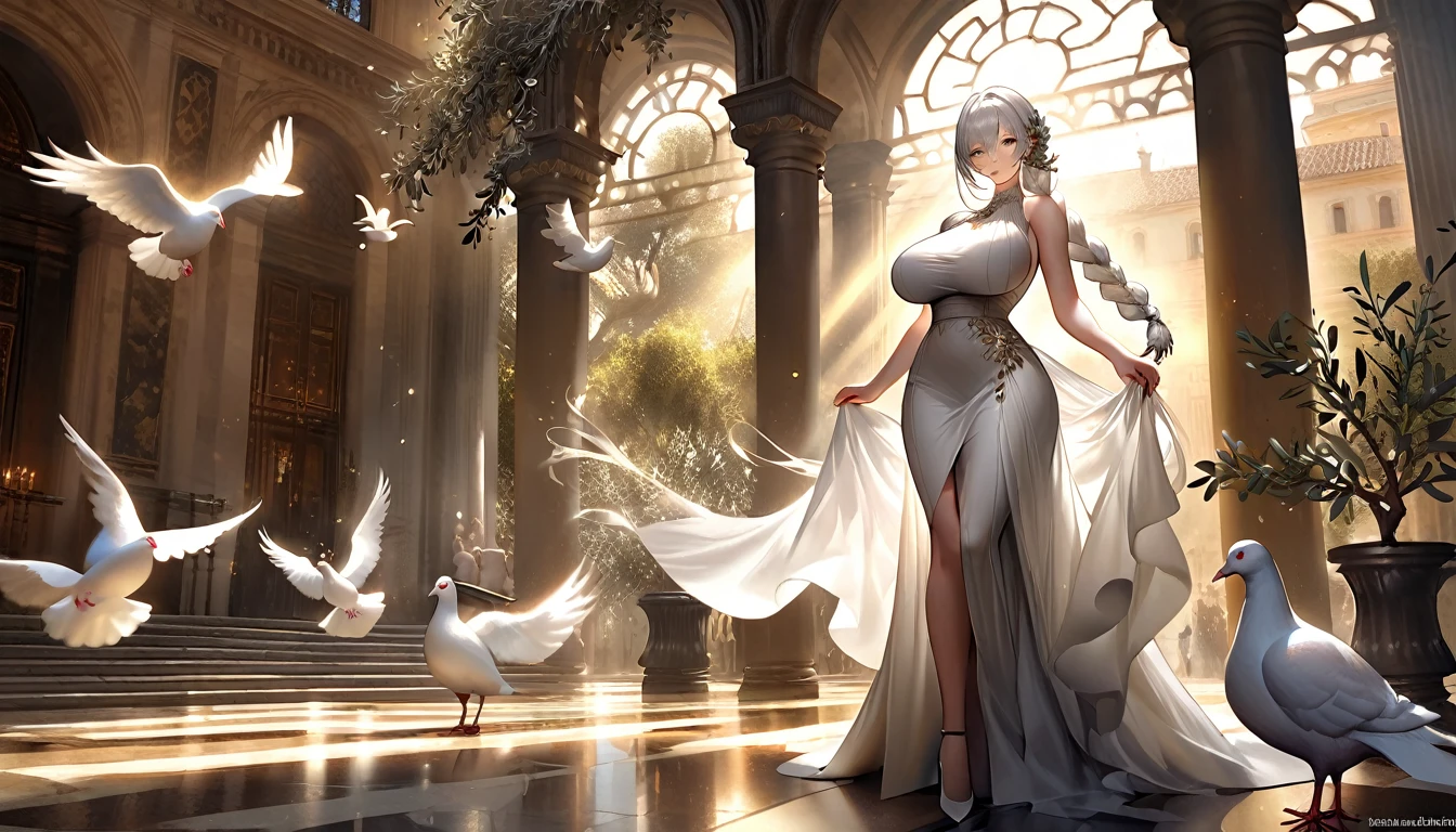 1 woman, beautiful white long braided hair, 29 years old, detailed facial features, elegant flowing dress, large breasts, wide hips, standing in a natural idyllic setting, doves with olive branch, dramatic lighting, photorealistic, 8k, 4k, masterpiece