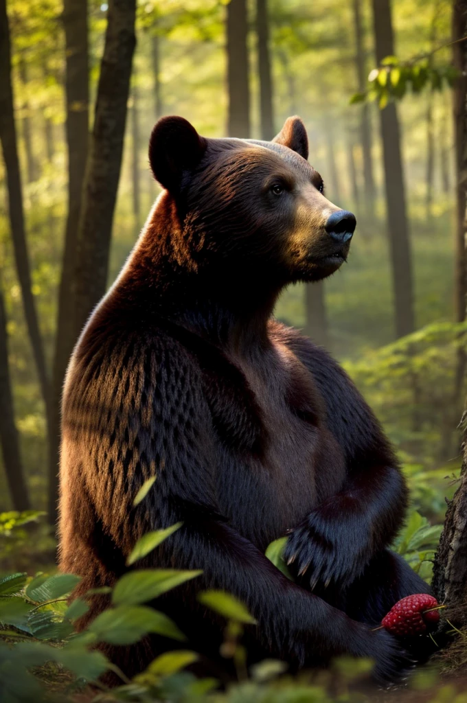 A bear in a clearing eats raspberries