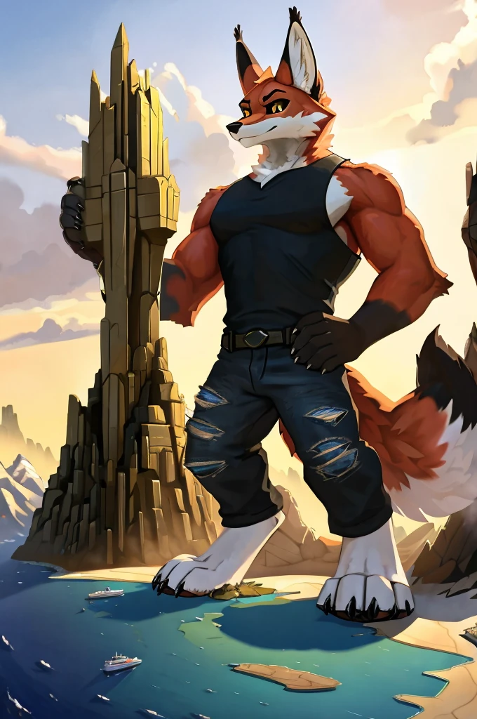 A bird’s-eye view of a macro, anthro kitsune with nine fox tails. The kitsune has white fur, short wavy white hair, black sclera, and gold pupils. Its pawpads are black. The character is tall, handsome, and slim, embodying a sexy, twink-like appearance. The kitsune is standing in a digitigrade stance over a tiny continent on Earth, looking down at the ground with hands on hips. It’s wearing a black cropped shirt, black rolled-up ripped denim jeans, and anklets. The scene takes place on a sunny day, highlighting the giant, giga-sized kitsune attacking the tiny continent, emphasizing the immense size difference. The kitsune's steps are causing mass destruction beneath his feet.