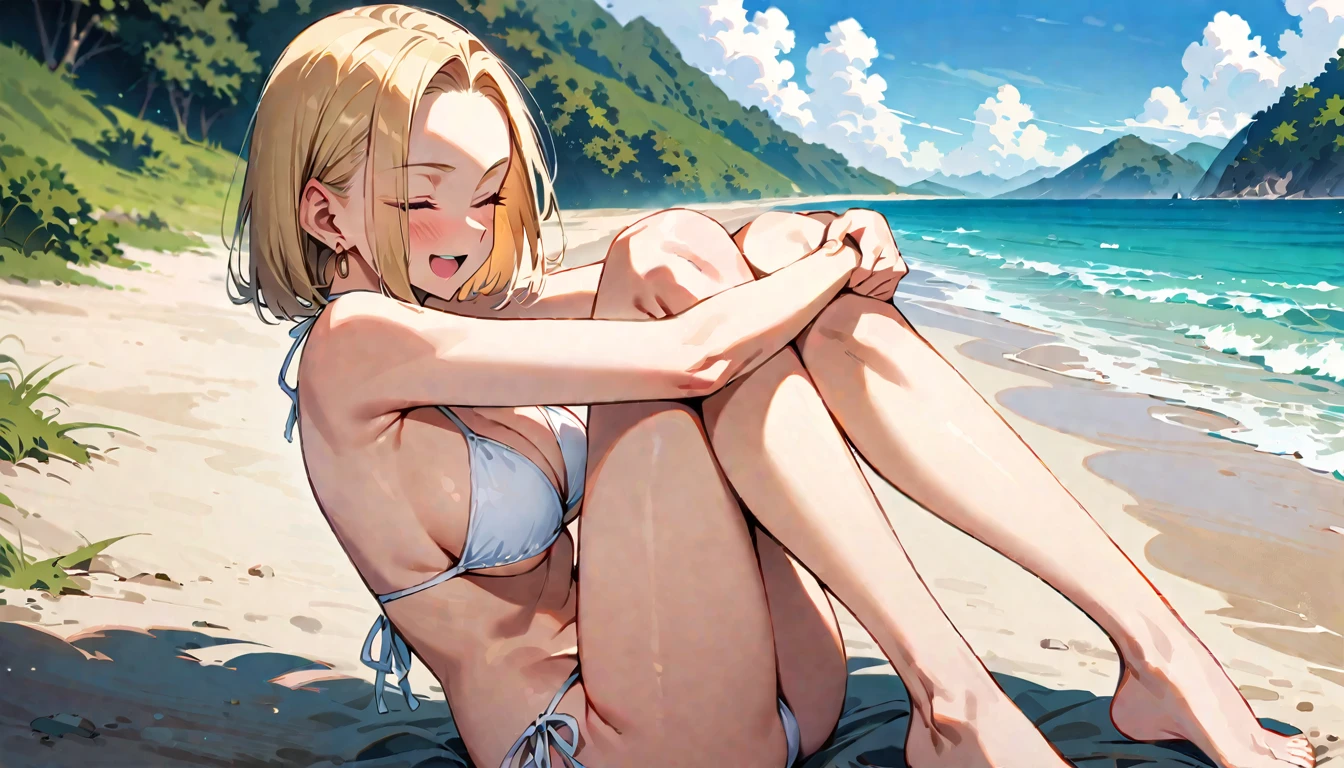 (masterpiece, best quality:1.2), full body, (solo), Android 18 from Dragon Ball, 20s, ((string bikini, white bikini)), sitting, (hugging own legs), medium breasts, blunt bangs, short blonde hair, (close eyes), earrings on earlobes, slender feminine figure, skinny body, blush, sky, magnificent view, blur background, 4K, open mouth, beach, side-tie bikini bottom, smile, Sandy Beach, highleg bikini, barefoot, side boob, facing viewer, knees up, beautiful butt, front view, crossed arms,