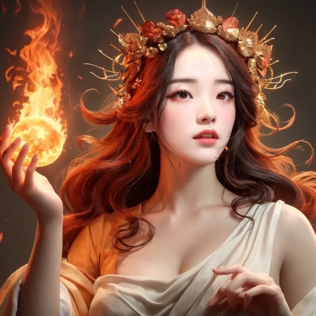 a closeup of a woman holding a fireball in her hand, Goddess of Fire, appears as the Goddess of Fire, 3 d goddess portrait, Goddess of Fire, 3d goddess minerva, the butterfly Goddess of Fire, hot Goddess of Fire, the Goddess of Fire, goddess portrait, the queen of fire, Persephone as goddess of death., like the goddess of the sun, Shuhua de g idle, Shuhua de g idle 