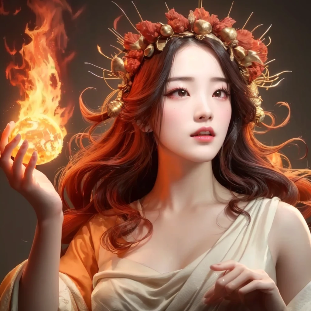 a closeup of a woman holding a fireball in her hand, Goddess of Fire, appears as the Goddess of Fire, 3 d goddess portrait, Goddess of Fire, 3d goddess minerva, the butterfly Goddess of Fire, hot Goddess of Fire, the Goddess of Fire, goddess portrait, the queen of fire, Persephone as goddess of death., like the goddess of the sun, Shuhua de g idle, Shuhua de g idle 