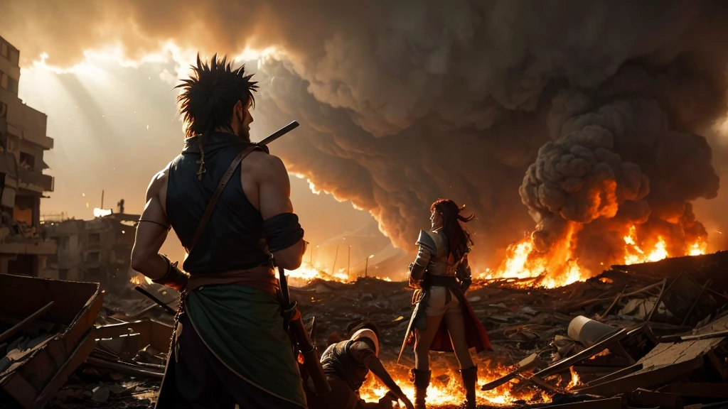 Amidst a burning city, with debris flying and smoke billowing, a tense battle unfolds. Kizaru, with his back turned to the right foreground, shoots a beam of light. Bartolomeo, with a desperate expression, blocks the beam with a barrier. Behind him, Nami and Usopp are hiding, fearfully observing the situation.

Bartolomeo's face shows his determined resolve, and the tension radiates from his entire body. The beam clashes with the barrier, illuminating the surroundings with a blinding light and a resounding explosion. Behind him, Nami and Usopp, with a mix of anxiety and fear, find hope in Bartolomeo's courageous stance.

In the left background, Bartolomeo and his companions are seen amidst the flames and rubble, symbolizing their resolve to fight. The back of Kizaru in the right foreground emphasizes his overwhelming strength. Overall, the powerful composition of this intense battle scene draws the viewer in.

