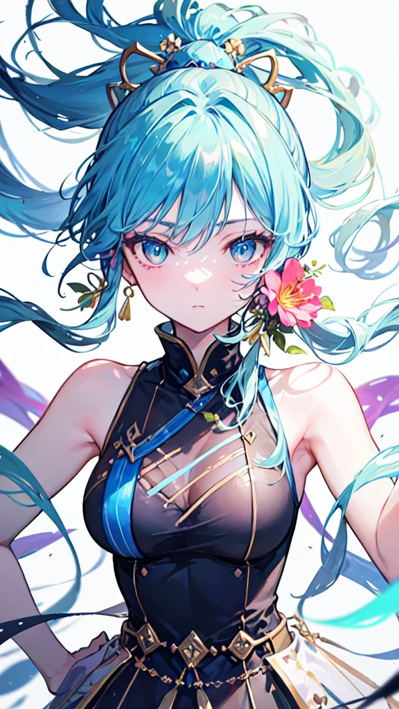 (Masterpiece, best quality, high resolution), white background, acrylic paint, ((Color splash, splash of ink, color splash)), sweet Chinese girl, long light blue hair, [light blue|Pink Hair, Curly Hair , Glitter, Peach Lips, White Shirt, Front, Upper Body