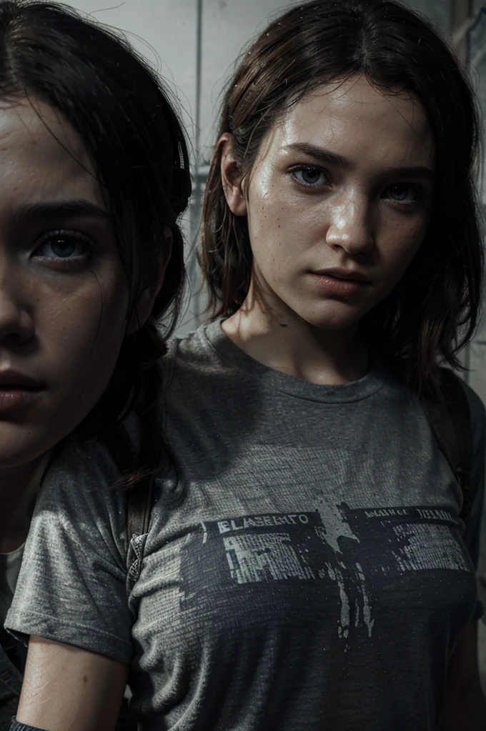 ((best quality)), ((masterpiece)), (detailed), perfect face, ellie de the Last of us 2, intense lighting, high level of detail, black and white wool t-shirt, with orange and blue print,