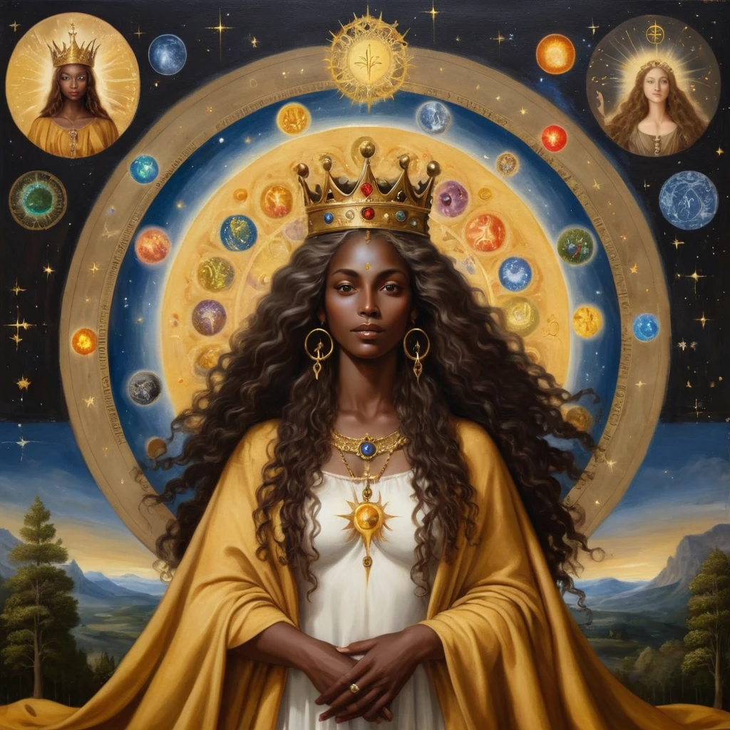 Black woman with dark skin and back, long curly hair, glad, with a crown on his head, royal crown no estilo brittanica e um cedro, with a golden cloak with the 7 chakras, tree of life symbol, cabal, luxurious setting, The painting represents gratitude and unconditional love and with mystical art and beautiful elements, and other deities around her, She looks and beholds the cosmic golden celestial realms, with astrology elements, renaissance painting, oil painting inspirado em leonardo da vinci. astrological divinations, hermeism, elements of astrology, ​masterpiece, cosmic and transcendent vibe, oil painting, picture painting, renaissance painting, baroque art
