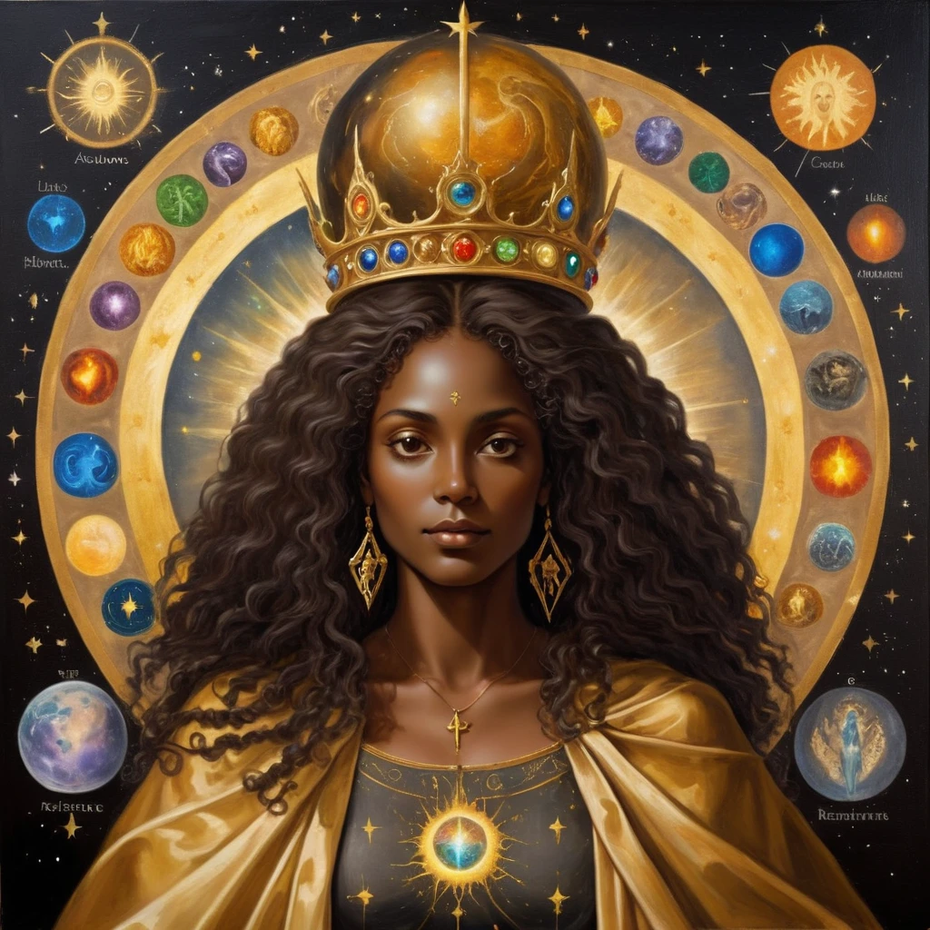 Black woman with dark skin and back, long curly hair, glad, with a crown on his head, royal crown no estilo brittanica e um cedro, with a golden cloak with the 7 chakras, tree of life symbol, cabal, luxurious setting, The painting represents gratitude and unconditional love and with mystical art and beautiful elements, and other deities around her, She looks and beholds the cosmic golden celestial realms, with astrology elements, renaissance painting, oil painting inspirado em leonardo da vinci. astrological divinations, hermeism, elements of astrology, ​masterpiece, cosmic and transcendent vibe, oil painting, picture painting, renaissance painting, baroque art
