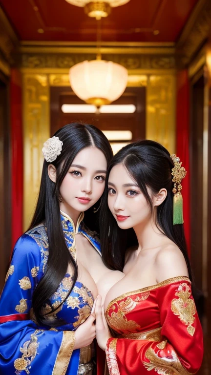 (((Two Chinese beauties)))、((Standing side by side))、((Angle of view from the side))、((Look this way))、((The beautiful woman on the right is wearing a bright red outfit))、(((The beauty on the left is wearing a royal blue outfit.)))、((Two beautiful women in different colored costumes))、21 years old、(Very heavy makeup:1.2)、(Slanted Eyes:1.3)、(long narrow eyes:1.3)、Shiny Hair、Glowing Skin、Very white skin、Jet Black Hair、Straight long hairstyle、Big eyes、Double eyelids、Luxury Chinese palace、(Standing in the palace corridor)、(Golden luxurious hair ornament)、(Patterned costume of a Chinese queen)、Luxurious and gorgeous、(huge breast:1.3)、(Exposed Skin:1.4)、(Smile with your mouth closed)、((Angle of view from chest up))、((right side girl brilliant red))、((left side girl royal blue))