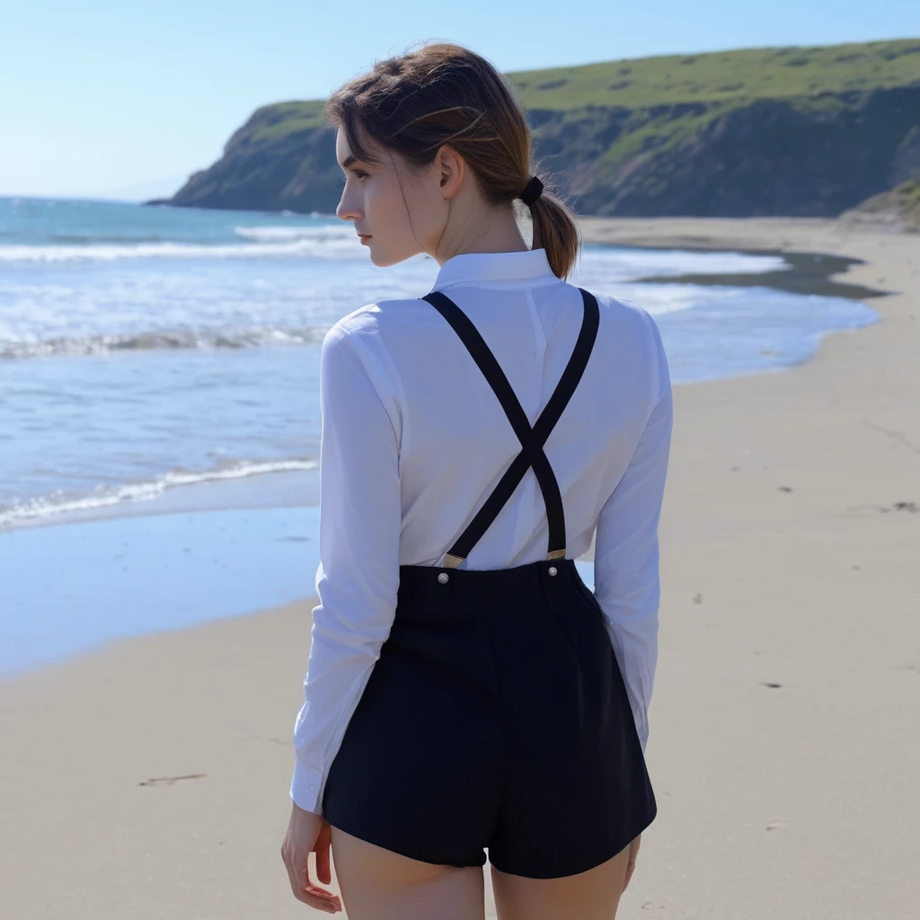 1fille, side swept hair, elastic long sleeve top, suspenders, regarder derriere, realistic matte skin, Sharp landscape , alonger sur une plage, best quality, 4K, 8K, high resolution, head of&#39;artwork, ultra-detailed, realistic, photorealistic, photo-realistic, , Texture de la peau, pores, naturel, iPhone, brut, bright and sunny lighting, nikon z9, 