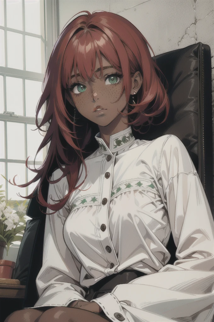 (absurdres, highres, ultra detailed), 1 girl, 20-year-old woman, black skin, plump lips, short woman, cute and delicate. Red hair, freckles on her face, she has heterochromia, her breasts are small, ecompletely innocent face, full body, she is inside a gamer room and sitting on the bed, she is wearing a large white blouse with green lines written LOUD.
