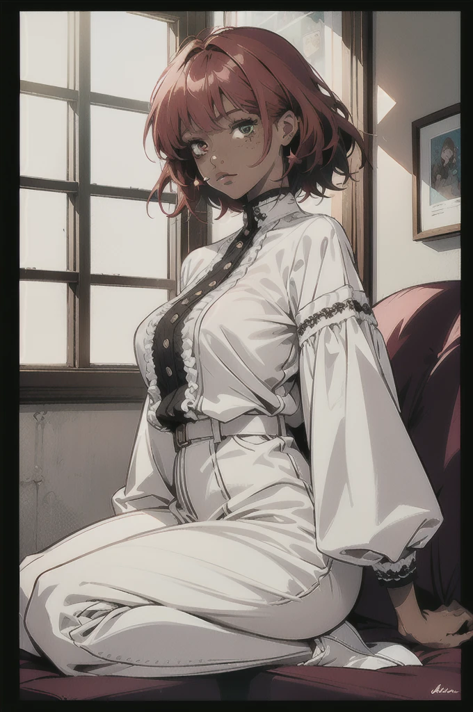 (absurdres, highres, ultra detailed), 1 girl, 20-year-old woman, black skin, plump lips, short woman, cute and delicate. Red hair, freckles on her face, her breasts are small, completely innocent face, full body, she is inside a gamer room and sitting on the bed, she is wearing a large white blouse and no pants on. Laptop visible on the bed.