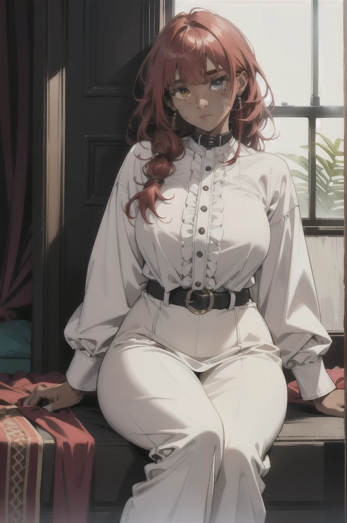 (absurdres, highres, ultra detailed), 1 girl, 20-year-old woman, black skin, plump lips, short woman, cute and delicate. Red hair, freckles on her face, she has heterochromia, her breasts are small, ecompletely innocent face, full body, she is inside a gamer room and sitting on the bed, she is wearing a large white blouse with green lines written LOUD.