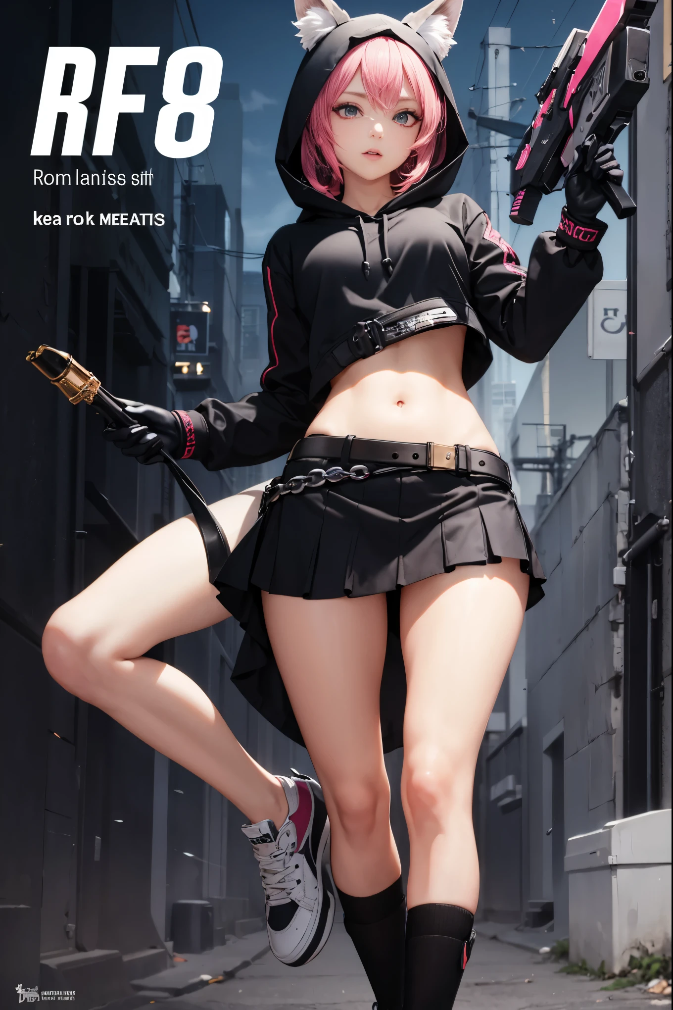 Oh, league of legend, sexy for, wallpapers, detailed eyes, fox ear, (fox tails), a skirt, (long pink fur), medium breasts, Looking at_It is shown in_Looking atl espectador, short_Hair, gloves, belly button, fail, Blue_there are eyes, Eternal, full_body, weapon, Footwear, Necklaces, negro_gloves, pulp, hooded, Hair_overcome_Yoon_there are eyes, cultivator_above, Hoodie, negro_pants, sneakers, cut_Jacket, cyber punk character, cut_Hoodie