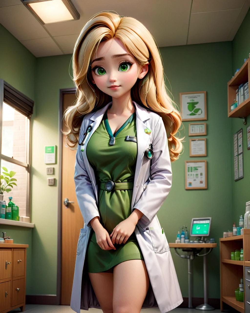 A beautiful young girl, realistic full body image of a beautiful girl, blondie long shagy hair cut,wearing a doctor's coat with a green V neck undershirt, with big breasts.doctor room background, beautiful, attractive, 3d rendering, cute pixar, inspired by Du Qiong, andrew dickson , realistic, 3D, cartoon style, well shaded, smooth, Pixar.