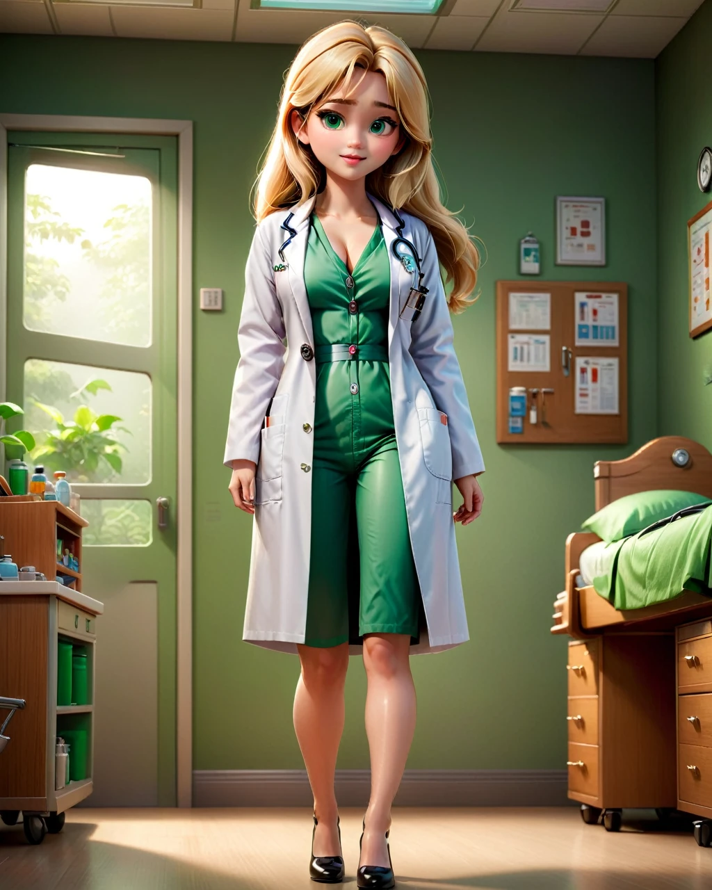 A beautiful young girl, realistic full body image of a beautiful girl, blondie long shagy hair cut,wearing a doctor's coat with a green V neck undershirt, with big breasts.doctor room background, beautiful, attractive, 3d rendering, cute pixar, inspired by Du Qiong, andrew dickson , realistic, 3D, cartoon style, well shaded, smooth, Pixar.
