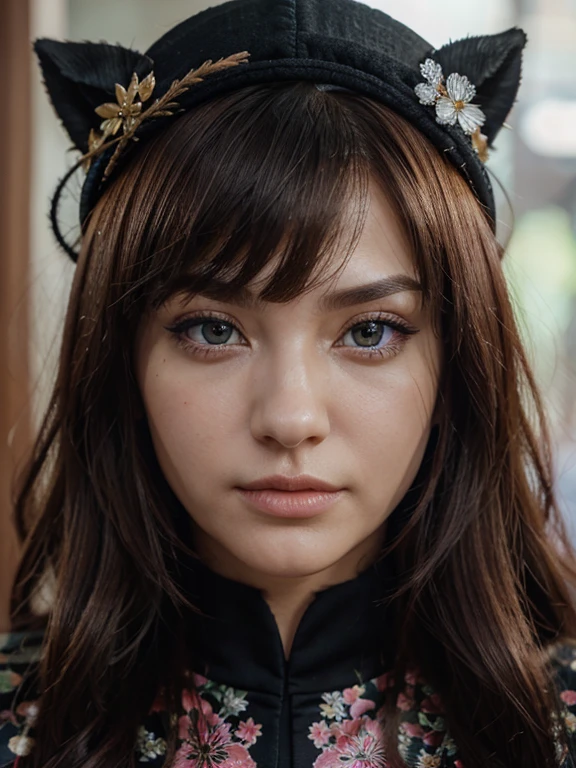 face, closeup, closeup shot, shiny hair, shiny clothes, shiny, extremely detailed eyes, extreme details, realistic, cinematic, detailed, masterpiece, 4k, 8k, , PunkAI,, FantasyAI_Burple,, indoors, hu tao (genshin impact), genshin impact, hat, symbol-shaped pupils, red eyes, brown hair, star-shaped pupils, flower-shaped pupils, bangs, black nails, black headwear 