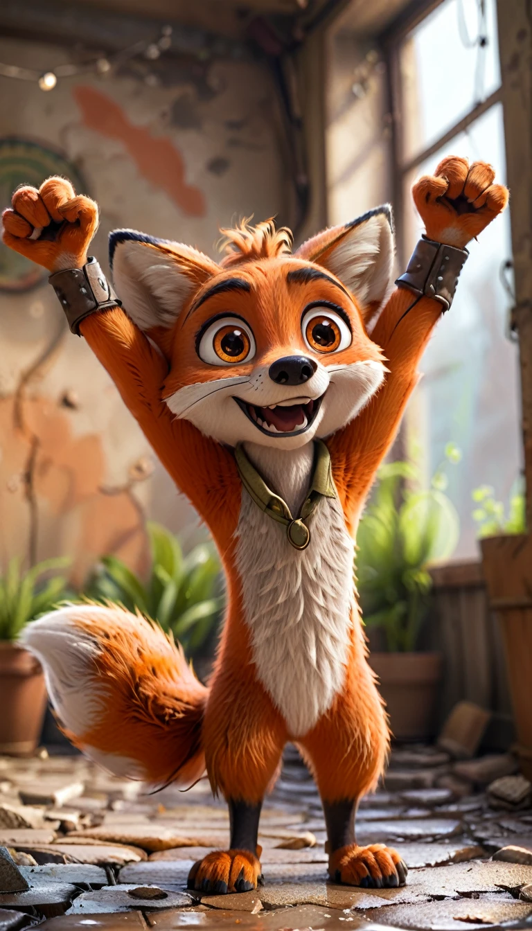 cute foxy, cartoon , arms, hands ,cute eyes, looking at viewer, arms up, dirty background, hairy
