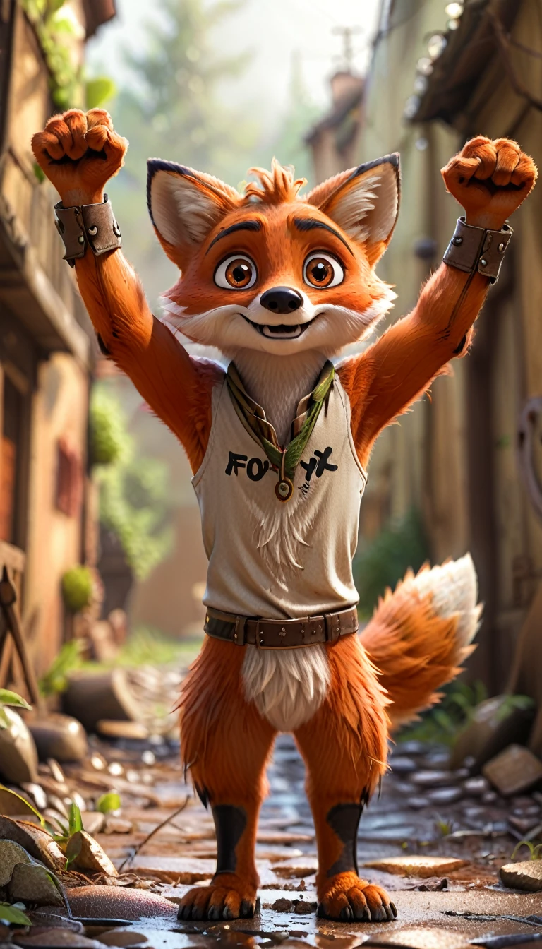 cute foxy, cartoon , arms, hands ,cute eyes, looking at viewer, arms up, dirty background, hairy