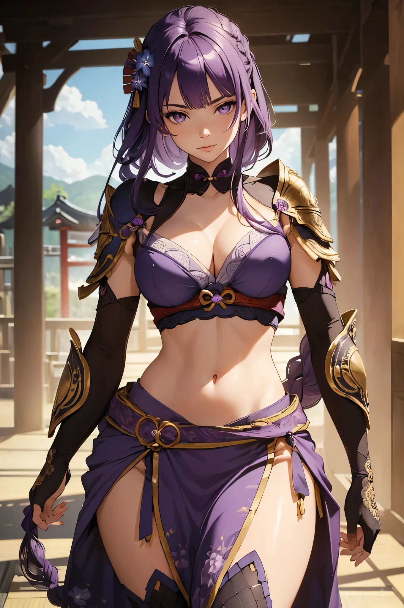 ((1girl, solo)), beautiful body, (perfect anatomy, perfect body, perfect hands, perfect legs), natural proportions, sexy body, large breasts, ((full body, full body front)) BREAK

((extremely detailed face)), (beautiful detailed eyes:1.6), (realistic pupils, realistic iris:1), expressive eyes, looking at viewer, (clear eyes:1.3), (hyperrealistic:1.2), (detailed skin texture:1.2), smooth skin, raiden shogun, (purple hair:1.5), (purple eyes), long hair, very long hair, braid, (braided ponytail:1.5), bangs, parted bangs, hair ornament, hair tie, ((mature female)), ((little smile)), (detailed lips:1.2), (attractive lips:1.1), (glossy lips:1.1), (parted lips), perfect face, perfect eyes BREAK

(revealing clothes:1.5), (japanese armor:1.5), (samurai armor), (groin:1.5), (((highleg))), bikini armor, pelvic curtain, partially visible vulva BREAK

(masterpiece:1.5), anime-style, top quality, best quality, (beautiful and aesthetic:1.2), (ultra detail:1.5), Ultra-detailed depiction, Ultra-precise depiction, extremely detailed 8k illustration, high resolution, (highly detailed shading:1.2), (realistic lighting:1.4), perfect lighting, vibrant colors, dynamic tones, striking hues, 8k, absurd resolution, perfect shadows, hdr, UHD, ambient lighting, realistic, ultra-realistic, photo realistic, highly detailed, rich detail, luminous colors, fine texture, intricate design, professional illustration, (soft light:1.2), (illustration:0.7)