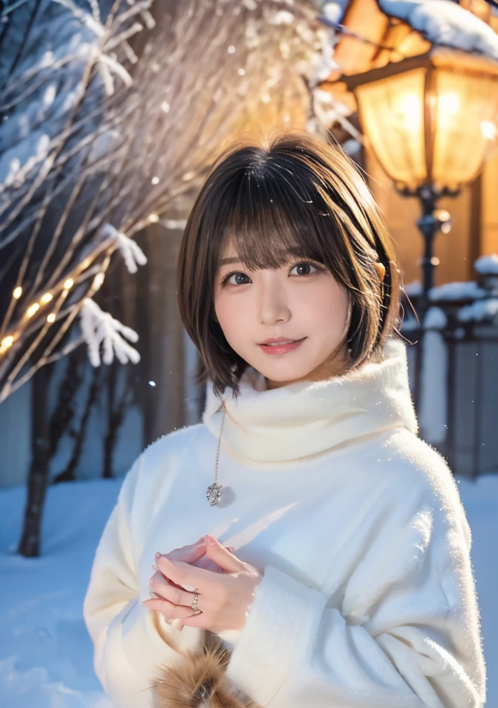 Holding a cute cat、Photo from the waist up、Night city illumination shot、Cowgirl Shot、Fur coat、豪華なグレーのミンクのFur coat、Wear fine leather boots、Luxury Bags、Inner turtleneck、Silver necklace and small silver earrings Millionaire style:1.4))、Full body photo、smile、 Caustics、Highly detailed photos、Very beautiful woman 、Ample breasts、No makeup、(8K、RAW Photos、Highest quality、masterpiece:1.2)、(Realistic、Realistic)、1 Girl、((Medium Short Hair、Midwinter、Cold region Snow falling、The wind is blowing、Fluttering Hair、Blur the background、Colorful illuminations、Looking into the camera:1.4))、