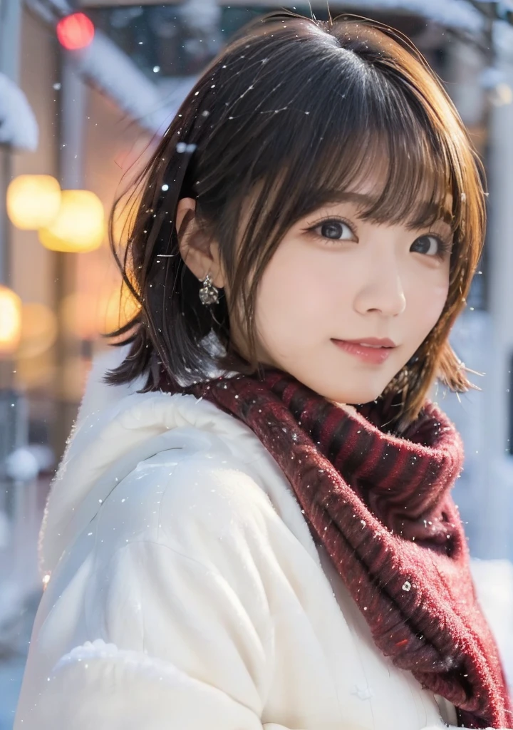 Holding a cute cat、Photo from the waist up、Night city illumination shot、Cowgirl Shot、Fur coat、豪華なグレーのミンクのFur coat、Wear fine leather boots、Luxury Bags、Inner turtleneck、Silver necklace and small silver earrings Millionaire style:1.4））、Full body photo、smile、 Caustics、Highly detailed photos、Very beautiful woman 、Ample breasts、No makeup、(8K、RAW Photos、Highest quality、masterpiece:1.2)、(Realistic、Realistic)、1 Girl、((Medium Short Hair、Midwinter、Cold region Snow falling、The wind is blowing、Fluttering Hair、Blur the background、Colorful illuminations、Looking into the camera:1.4))、

