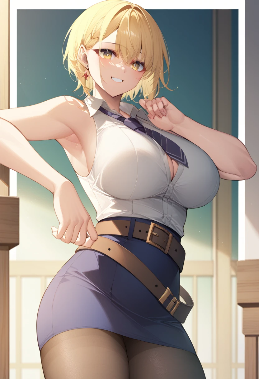 masterpiece)),((Highest quality)),High resolution,Highly detailed CG,Perfect lighting,8k wallpaper、One Woman, alone、Very large breasts、Very large breasts、Side bust、very thick legs、smile、Blonde,Looking into the camera、Golden Eyes、short hair、short hair、Shiny black short pencil skirt、Sleeveless white business shirt、Wrap a belt around your waist、Show your armpits、Raise your arms、black tights、
