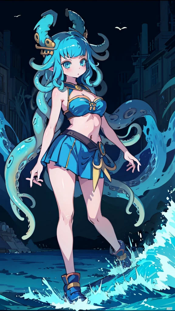 Beach Background，Close-up above the waist，Upper body close-up，Huge girl，Octopus Girl，Blue Hair，Octopus hair，Tentacle hair，Tentacle Arm，Tentacle hair，Tentacle hair，Suction Cup Hand，Suction Cup Hand，There are no palms，Brachiopod Arm，Octopus hands，Tentacle arm，Octopus Girl，Giant girl，Giant女孩，cute，Giant女孩，Blue Skin，Blue and white skin，Big breasts，Big breasts，Full figure，Fleshy body，Big Ass，Lower body soaked in the sea，几十米高的Huge girl，Octopus Girl，Giant女孩，Giant，Giant，Seaside background，Town Background，High-rise buildings，Street background，Close-up above the waist，Skirt，触手Skirt，章鱼Skirt