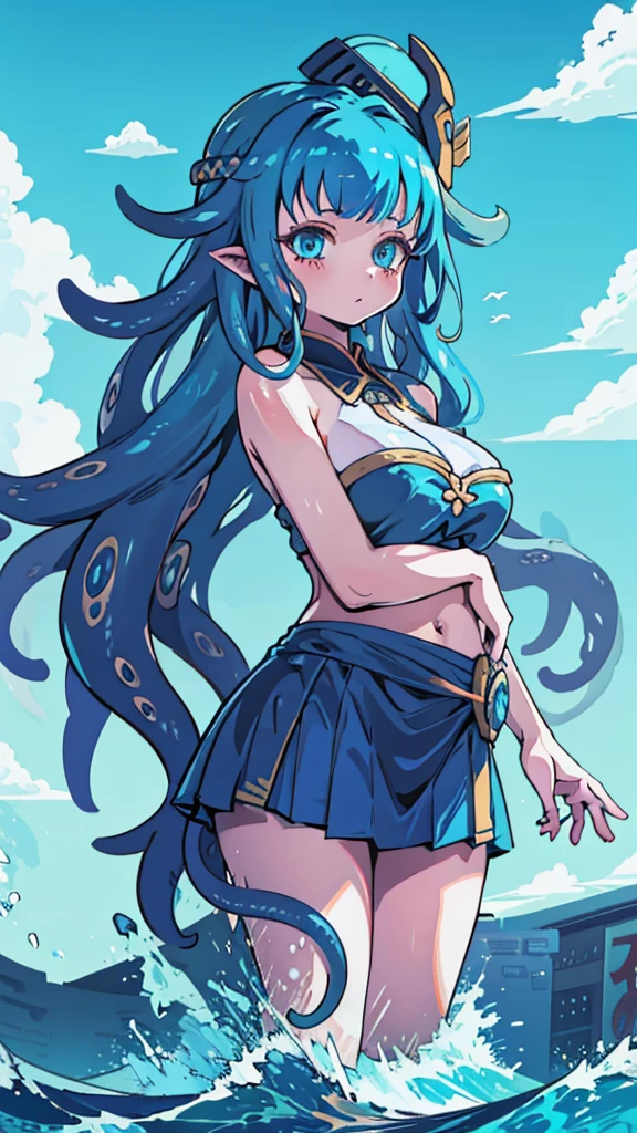 Beach Background，Close-up above the waist，Upper body close-up，Huge girl，Octopus Girl，Blue Hair，Octopus hair，Tentacle hair，Tentacle Arm，Tentacle hair，Tentacle hair，Suction Cup Hand，Suction Cup Hand，There are no palms，Brachiopod Arm，Octopus hands，Tentacle arm，Octopus Girl，Giant girl，Giant女孩，cute，Giant女孩，Blue Skin，Blue and white skin，Big breasts，Big breasts，Full figure，Fleshy body，Big Ass，Lower body soaked in the sea，几十米高的Huge girl，Octopus Girl，Giant女孩，Giant，Giant，Seaside background，Town Background，High-rise buildings，Street background，Close-up above the waist，Skirt，触手Skirt，章鱼Skirt