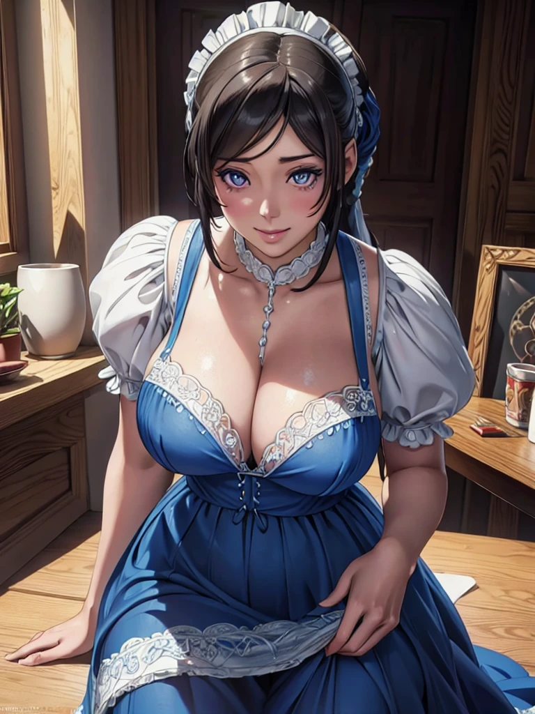 NFSW, Beautiful detailed portrait of a girl with big eyes, Fuller lips, Smiling Kindly, Long eyelashes, see through Maid clothesを着て, tihn fabric clothing, In sensual poses, (highest quality,4K,8k,High resolution,masterpiece:1.2),Super detailed,(Realistic,photoRealistic,photo-Realistic:1.37),Highly detailed face, Maid clothes, Intricate details, Vibrant colors, Dramatic lighting, Structure of the film, Anime-inspired art style