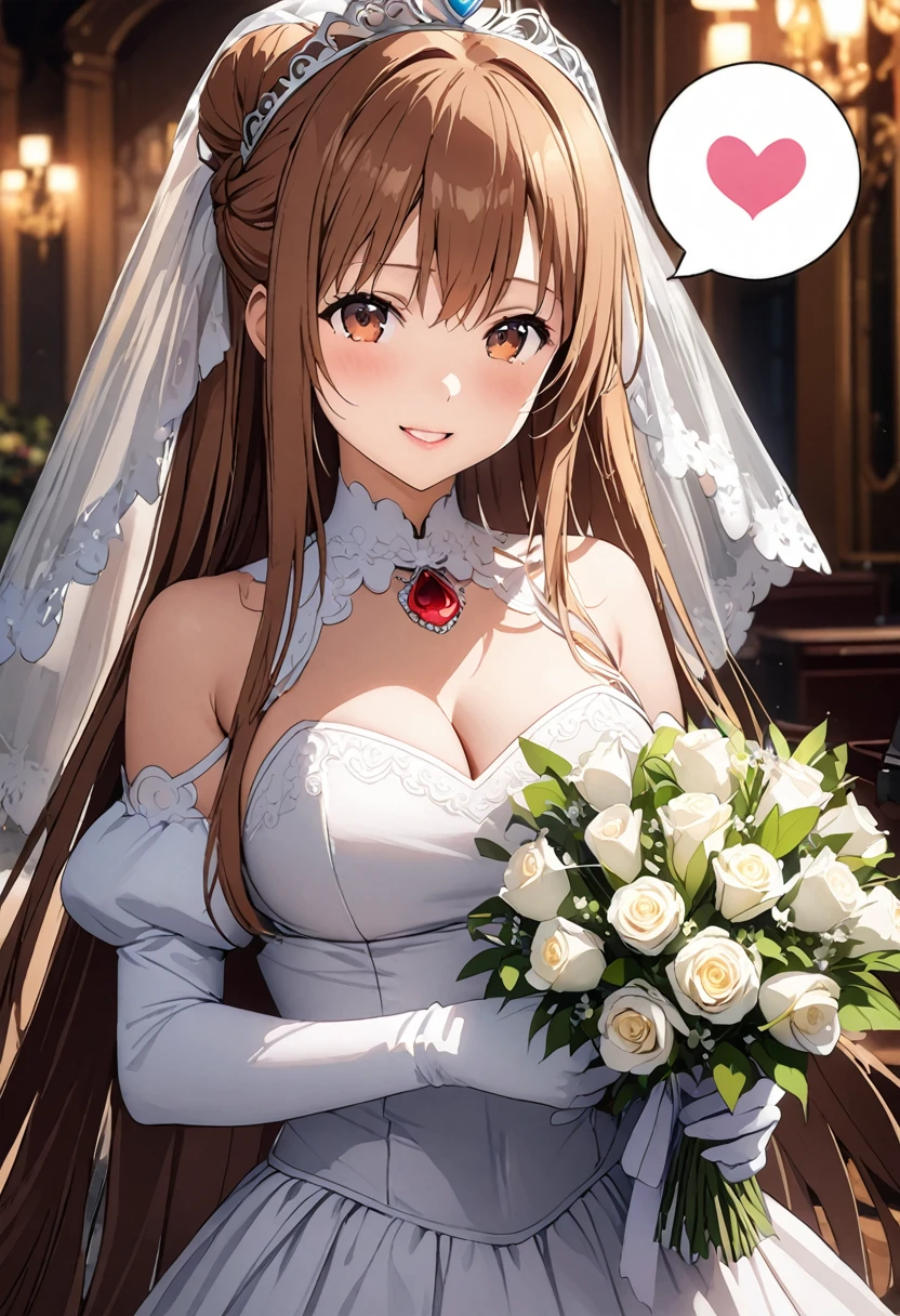 Highest quality、Super detailed、High resolution illustrations、Ultra-high-definition CG、８k size wallpaper、Production Art、Light novel illustrations、（１People Girls)、asuna yuuki, hair bun bridal、bangs, brown hair, brown eyes, bare shoulders, detached sleeves, white dress, Crimson Lipstick、A smile full of happiness、tears、Wink、tearsを拭う、Puff sleeves、hair bun、Bridal Veil、tiara、Cleavage cutouts、Red brooch、Wedding dress、White Dress、White Gloves、Long skirt、White Stockings、White stiletto heels、Holding a bouquet in both hands、Full Body、hyperrealistic、(((spoken heart:1.5)))、