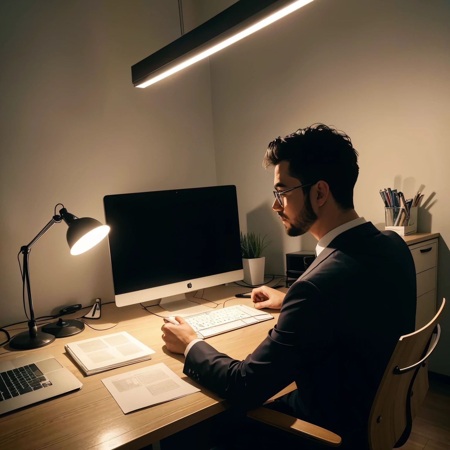 A detailed digital illustration of a modern and cozy office at night. The room is dark, illuminated only by the light from the laptop. The executive, a man with a tired expression, is looking at the computer. He is sitting at a light wooden desk, with an open laptop and some organized papers beside him. The art style should be realistic.