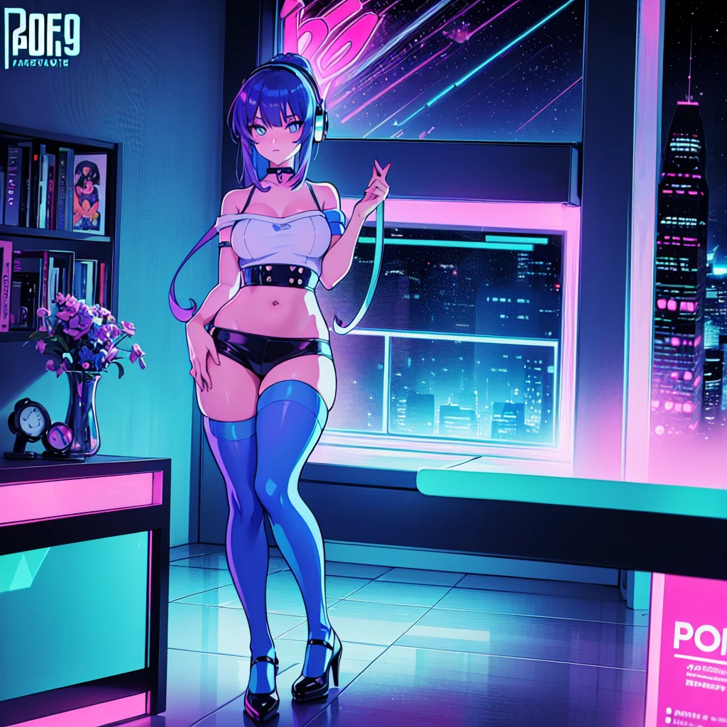 1girl, blue hair, large breasts, bunny ears, rabbit ears, wide hips, bodysuit, black bodysuit, short hair, very short hair, science-fiction, tech, futuristic, machinery, full body, ((full body)), neon trim, purple eyes