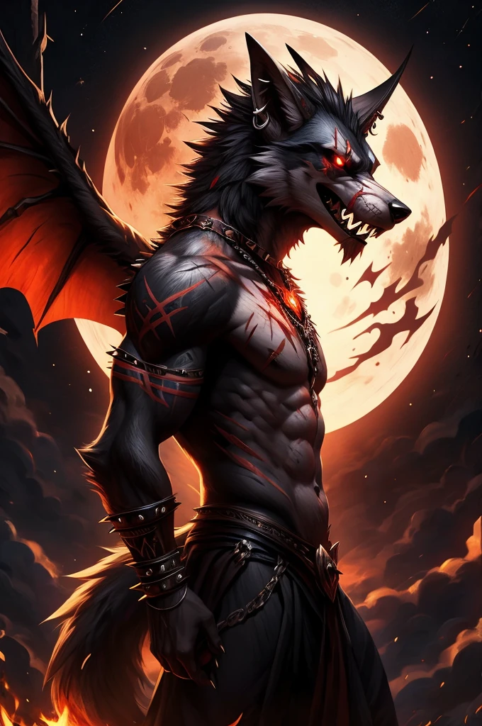 A 3d red and white wolf demon anthro human boy, with ancient words on its back with sharp claws, sharp teeth, tattoos, fantasy, punkstyle, with ear piercing, standing straight up, zoomed out, add some scars on its face, add spikes on along its back, showing its stomach, with a moon in the background, with tattoos on its arm, and skull on its shoulder, can you add some magical flames around it, Change its expression to fierce or mysterious, can you add some orange flames around it, add some scars on its body, add wings, with a dark background with stars and the blood moon, make the eyes look devil red, add a Wolf tail with red stripes and white fur on its back, poking its belly, add spikes to its arms, add demon horns to its head, add a Wolf Amulet around its neck glowing, 8k realistic