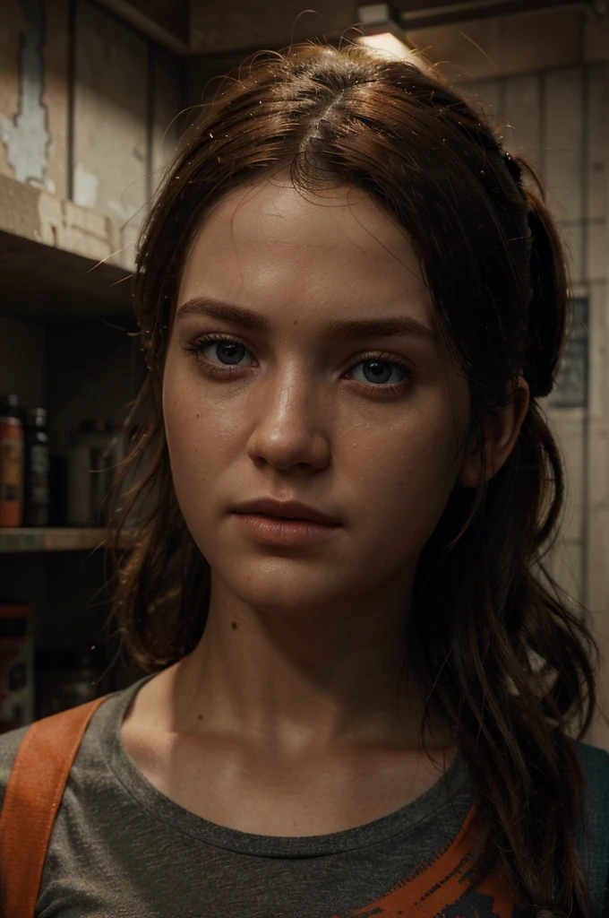 ((best quality)), ((masterpiece)), (detailed), perfect face, ellie de the Last of us 2, intense lighting, high level of detail, light orange and black wool t-shirt, with red and blue print, 