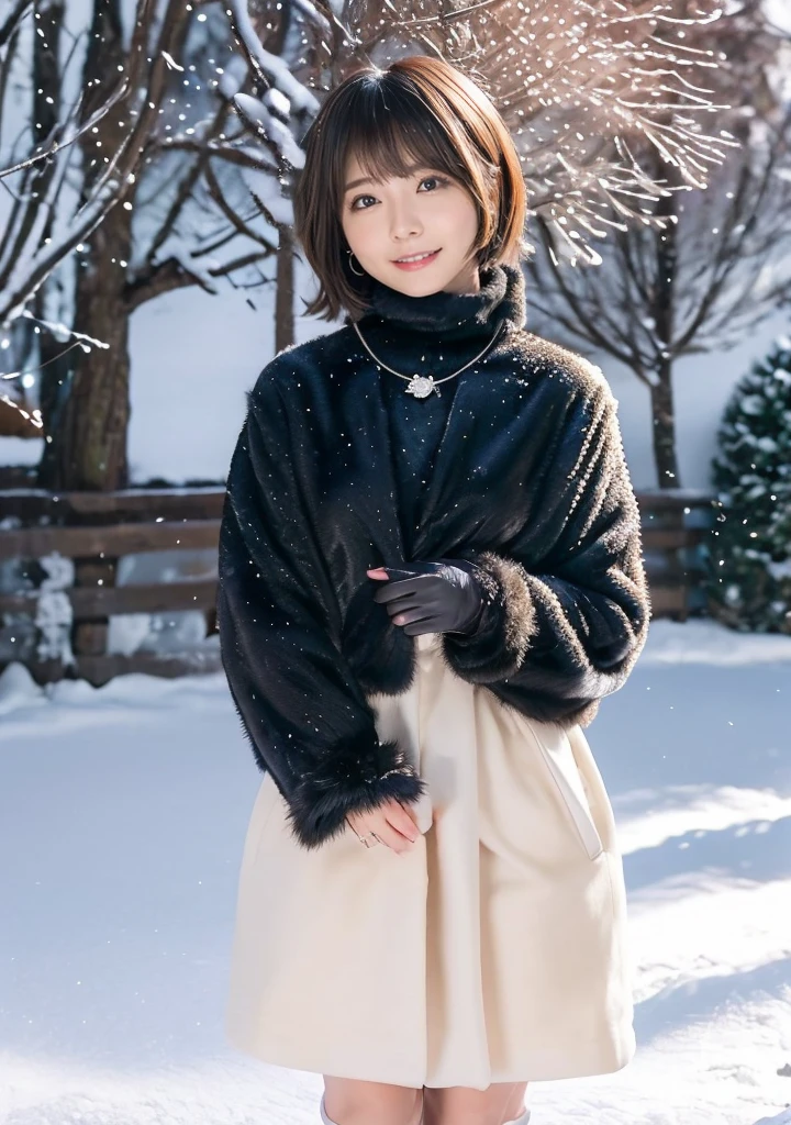 Photo from the waist up、Night city illumination shot、Cowgirl Shot、Fur coat、豪華なグレーのミンクのFur coat、Wear fine leather boots、Luxury Bags、Inner turtleneck、Silver necklace and small silver earrings Millionaire style:1.4））、Full body photo、smile、 Caustics、Highly detailed photos、Very beautiful woman 、Ample breasts、No makeup、(8K、RAW Photos、Highest quality、masterpiece:1.2)、(Realistic、Realistic)、1 Girl、((Medium Short Hair、Midwinter、Cold region Snow falling、The wind is blowing、Fluttering Hair、Blur the background、Colorful illuminations、Looking into the camera:1.4))、
