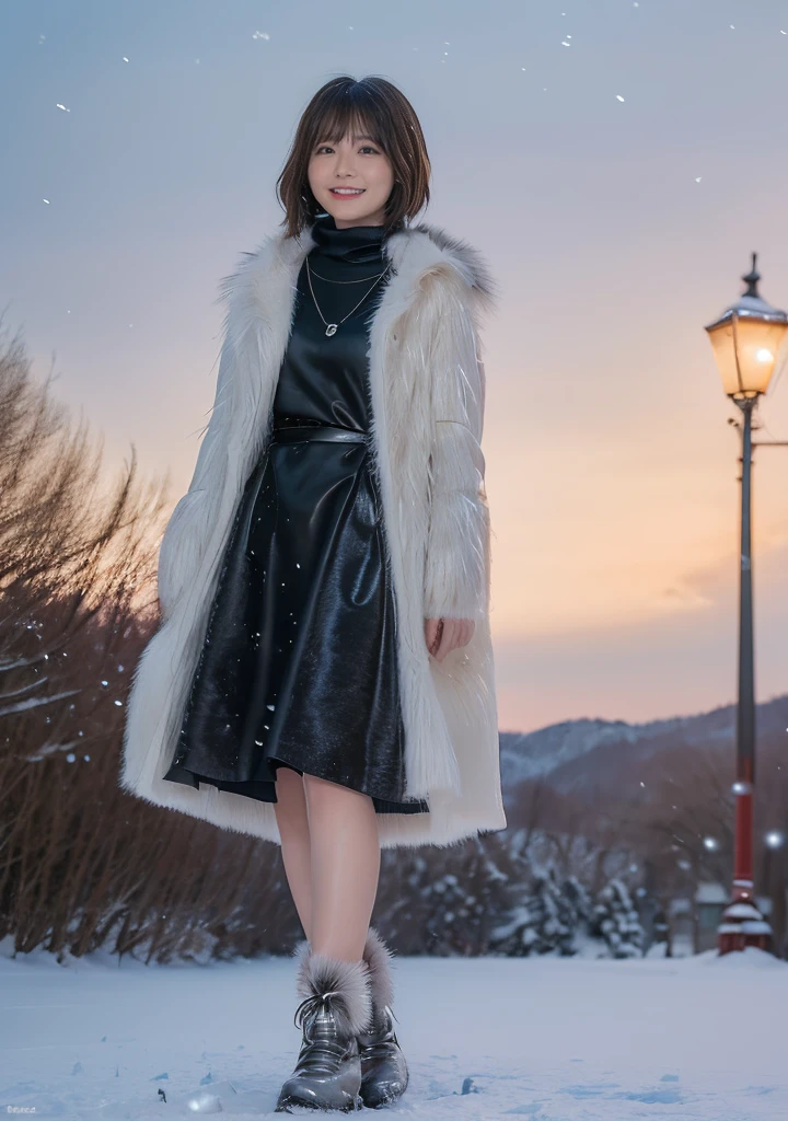 Photo from the waist up、Night city illumination shot、Cowgirl Shot、Fur coat、豪華なグレーのミンクのFur coat、Wear fine leather boots、Luxury Bags、Inner turtleneck、Silver necklace and small silver earrings Millionaire style:1.4））、Full body photo、smile、 Caustics、Highly detailed photos、Very beautiful woman 、Ample breasts、No makeup、(8K、RAW Photos、Highest quality、masterpiece:1.2)、(Realistic、Realistic)、1 Girl、((Medium Short Hair、Midwinter、Cold region Snow falling、The wind is blowing、Fluttering Hair、Blur the background、Colorful illuminations、Looking into the camera:1.4))、
