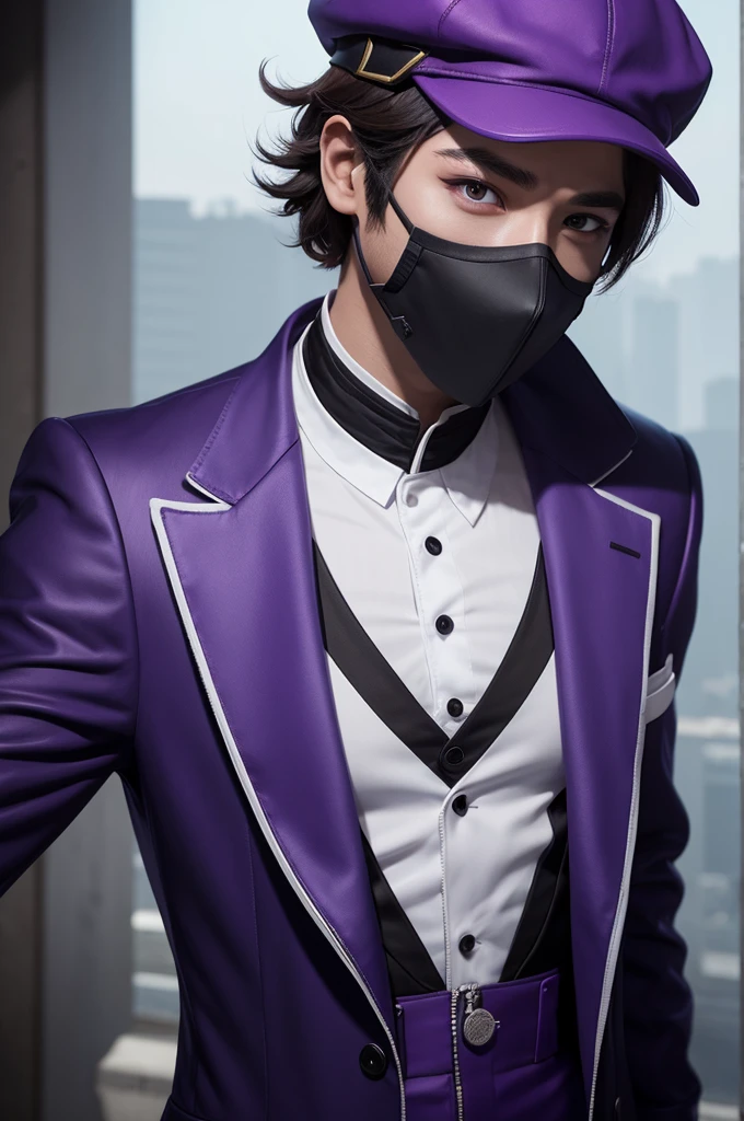 Free fire game style male character wearing a white cap,clown makeup,a mask ,black purple suit Lokizin