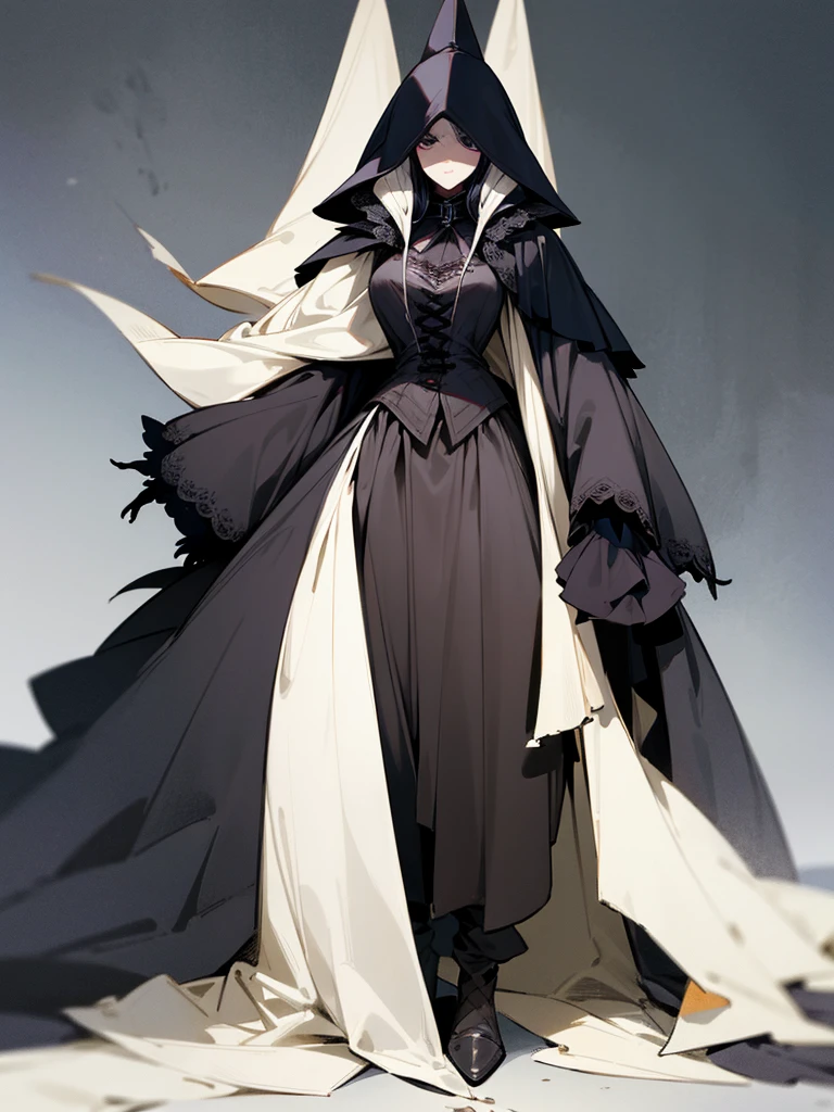 A female plague doctor. She would have totally black hair, her hair is short and messy. Her eyes would also be black and she would be very tall, having the appearance and stature of an adult. Her clothes would cover her entire body except for her face.