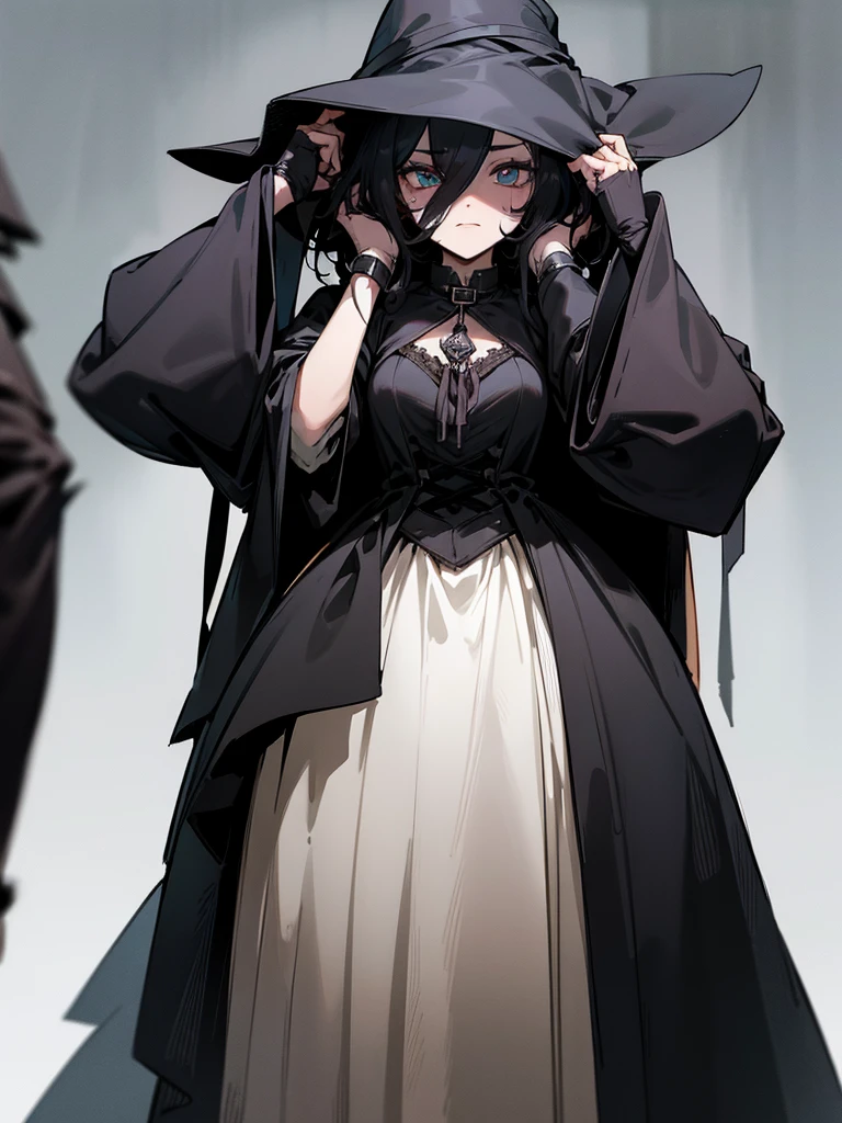 A female plague doctor. She would have totally black hair, her hair is short and messy. Her eyes would also be black and she would be very tall, having the appearance and stature of an adult. Her clothes would cover her entire body except for her face.